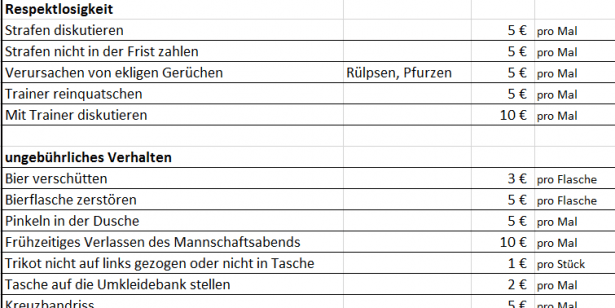 Strafenkatalog für die Mannschaftskasse Fußball und Handball